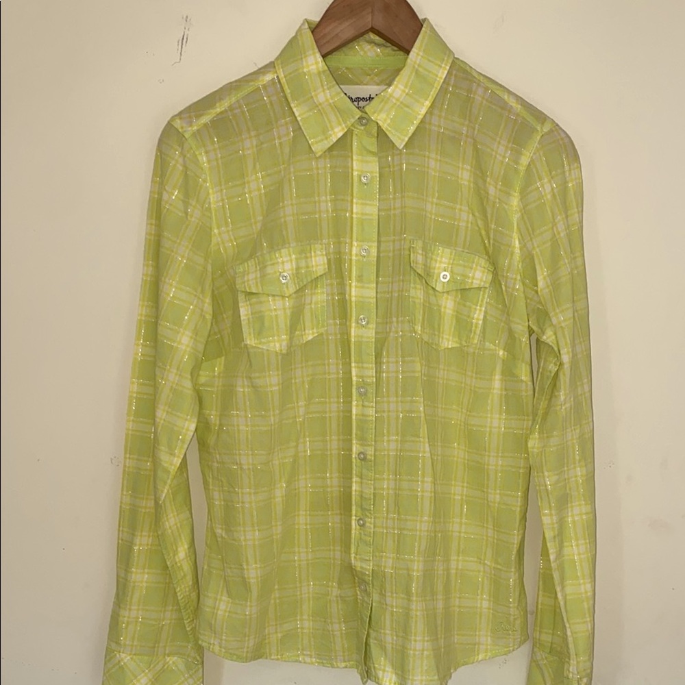 Aeropostale yellow lime green plaid button up shirt patch pockets Sz L
